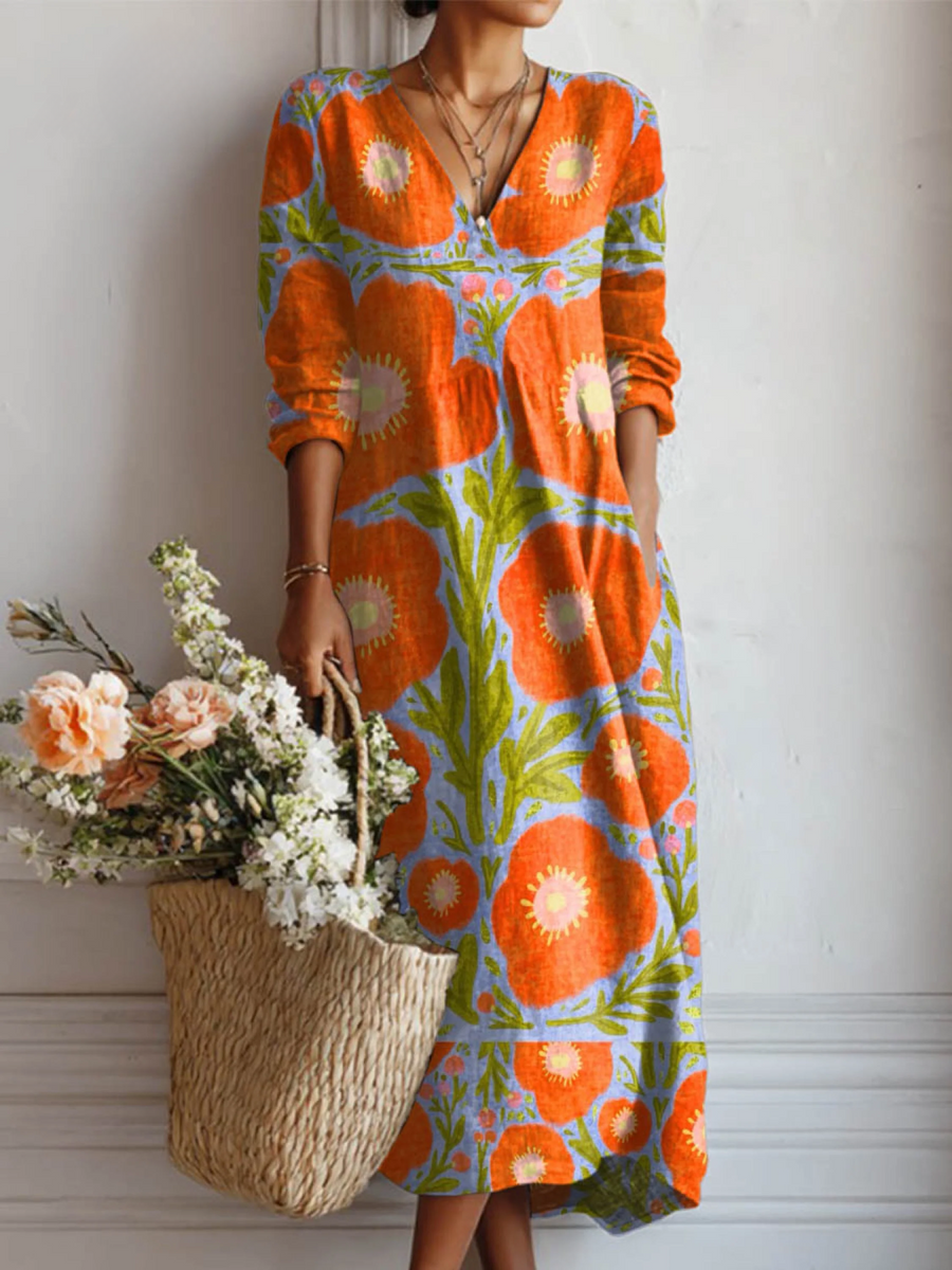 Women's Vintage Floral Pattern Art Print Cotton And Linen Pocket Dress