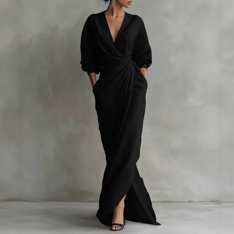 Elowen V Neck Wrap Waist Long Dress