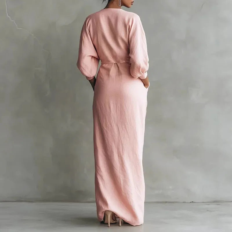 Elowen V Neck Wrap Waist Long Dress