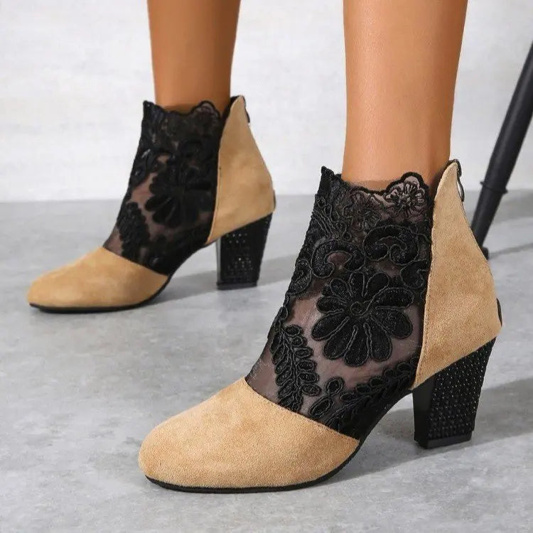 Boots For Women | Patterned Panel Ankle Block Heel Style