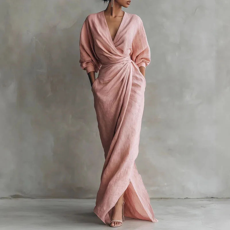Elowen V Neck Wrap Waist Long Dress