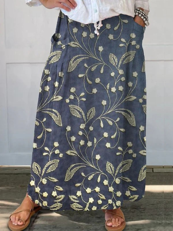 Josa™ | Retro Floral Art Elastic Waistband Pocket Skirt
