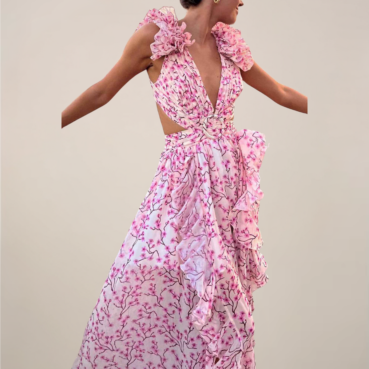 Plunging V-Neck Ruffled Sleeves Maxi Dress