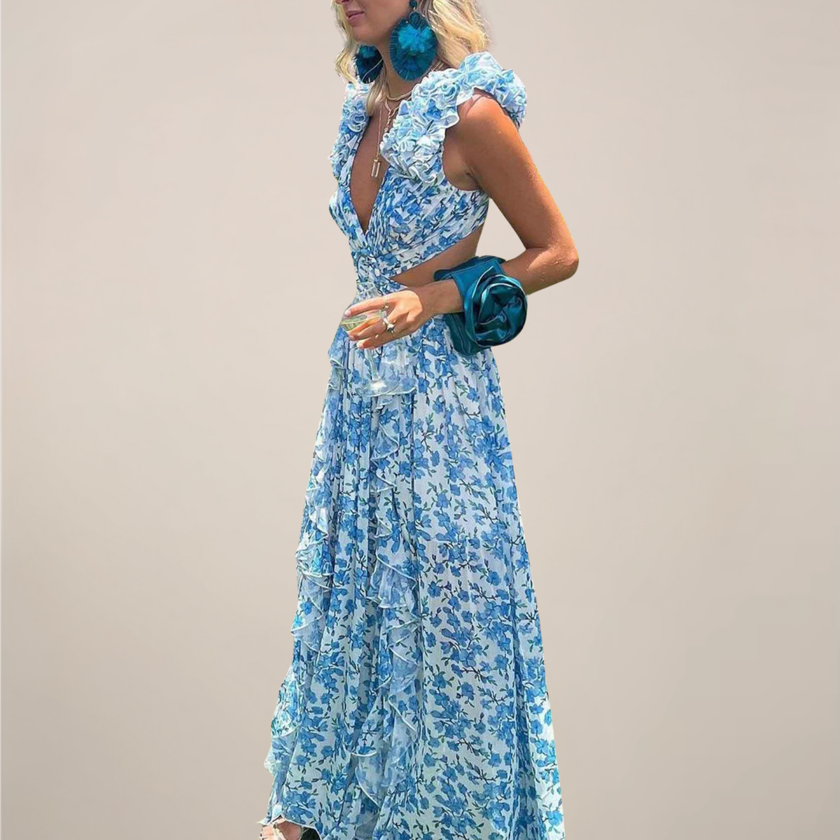 Plunging V-Neck Ruffled Sleeves Maxi Dress