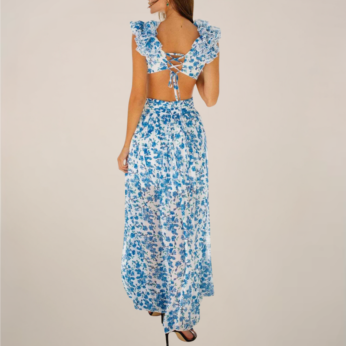 Plunging V-Neck Ruffled Sleeves Maxi Dress