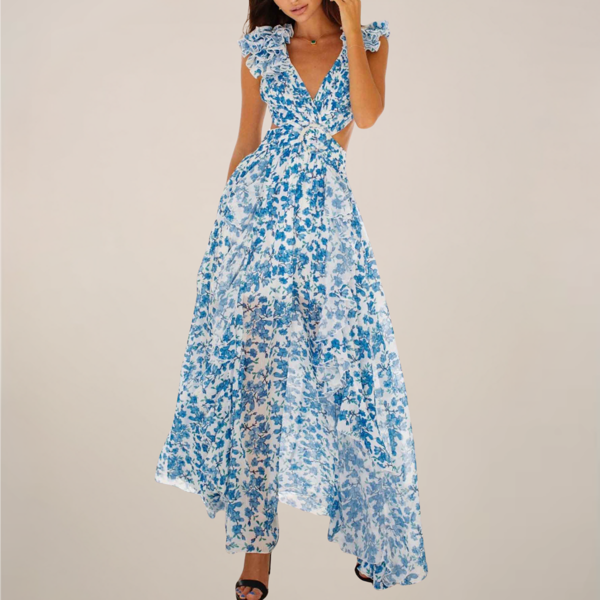 Plunging V-Neck Ruffled Sleeves Maxi Dress