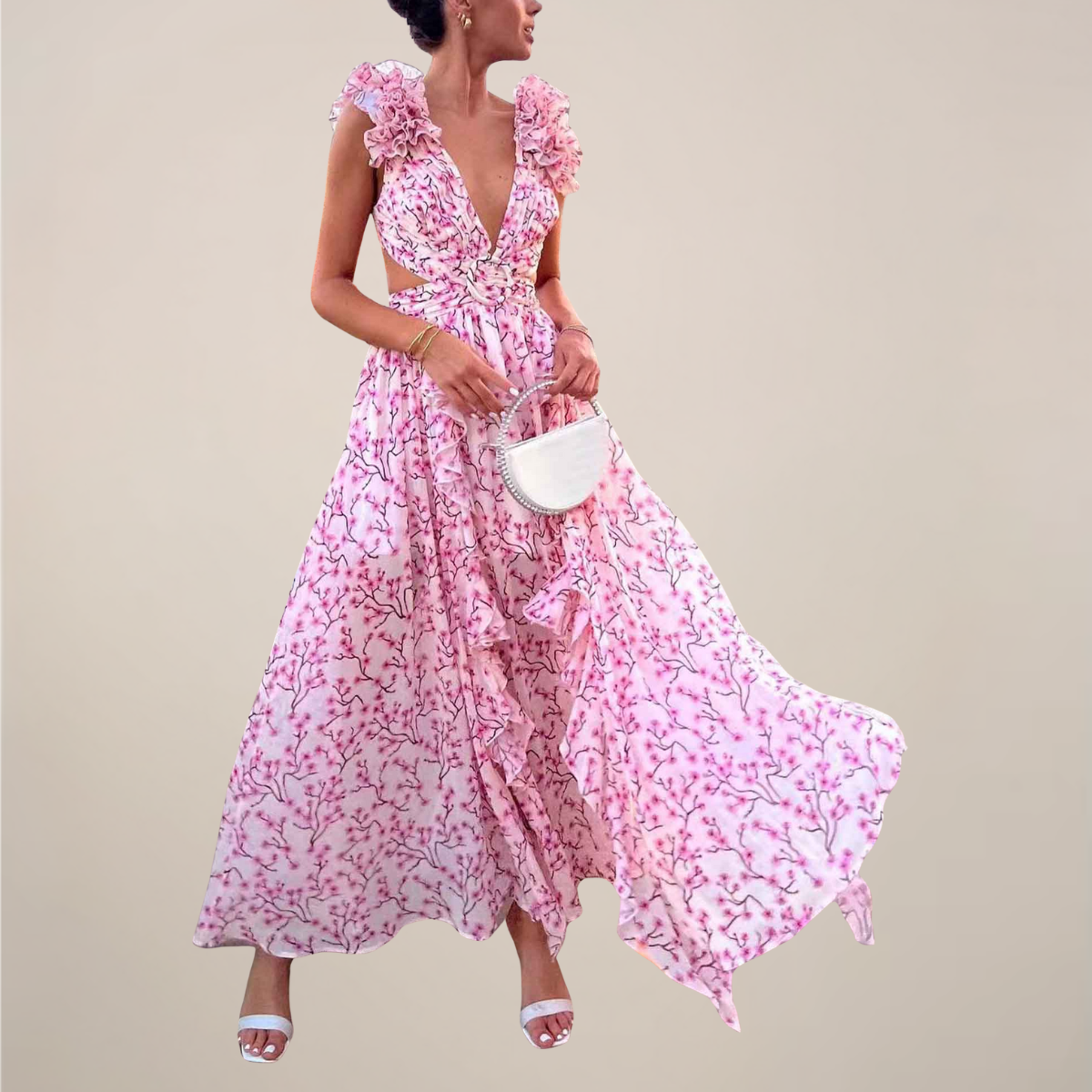 Plunging V-Neck Ruffled Sleeves Maxi Dress