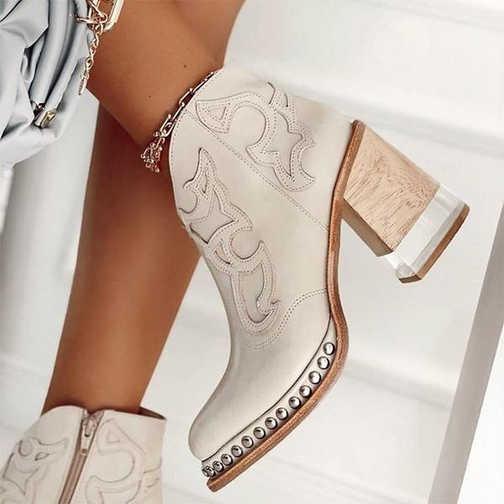 Boots For Women | Decorative Stitch Ankle Block Heel Style