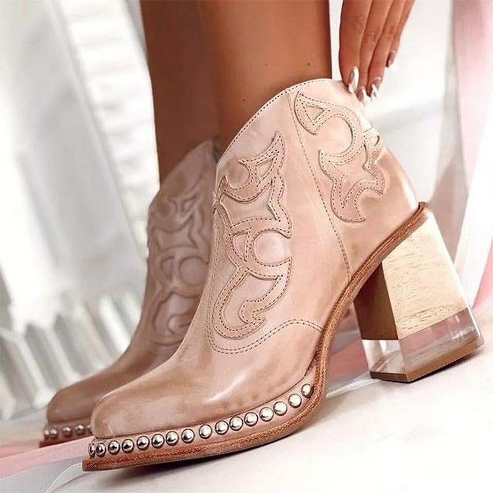 Boots For Women | Decorative Stitch Ankle Block Heel Style