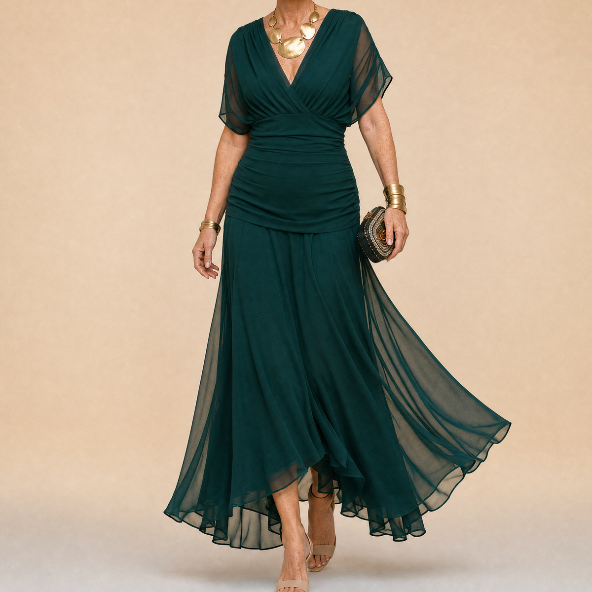 Emma | Draped V-Neck Evening Maxi Dress