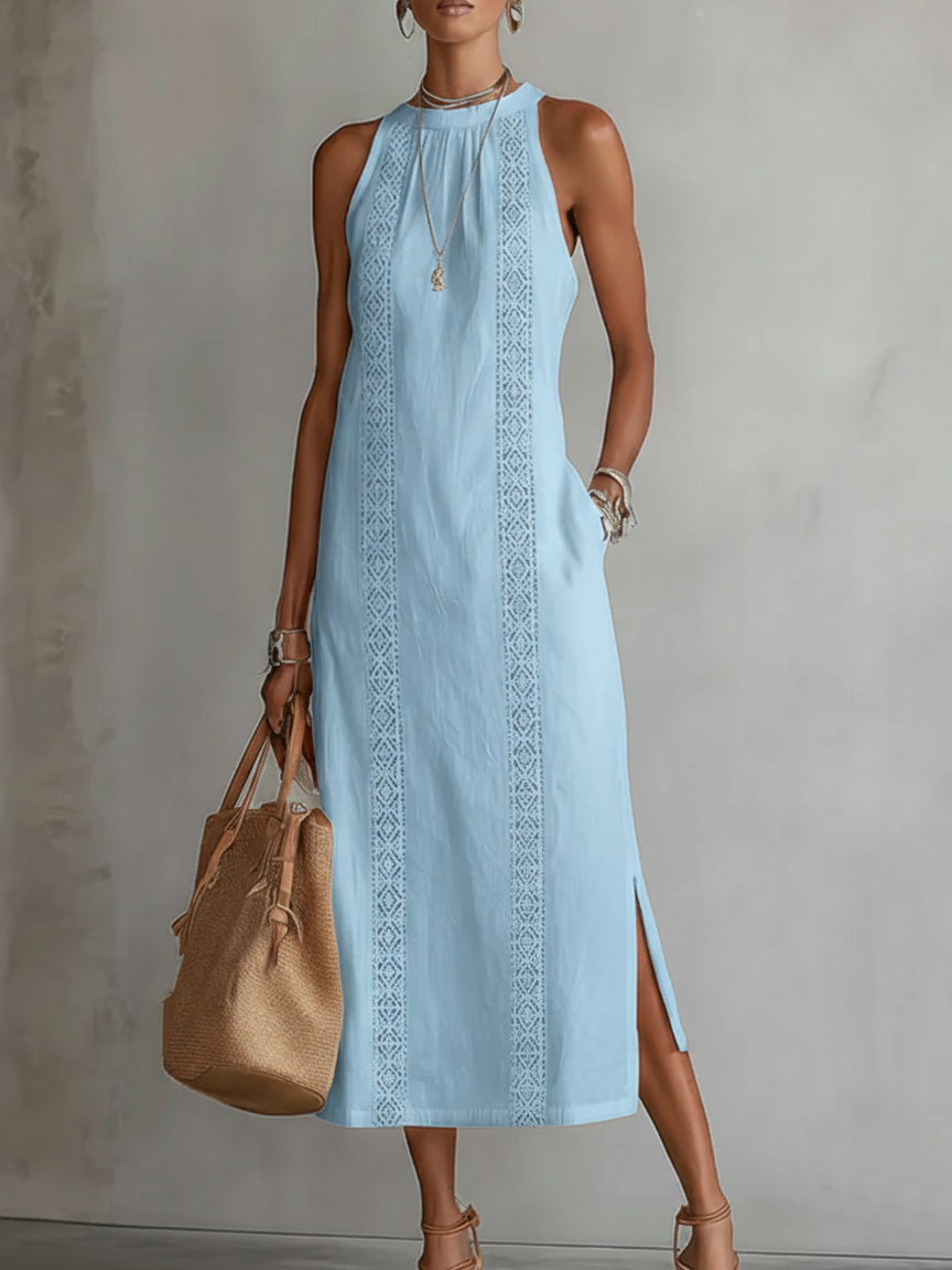 Celine | Sleeveless Lace Detail Midi Dress (Blue)
