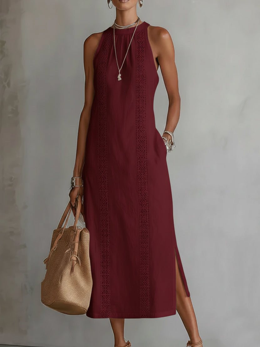 Celine | Sleeveless Lace Detail Midi Dress (Wine Red)